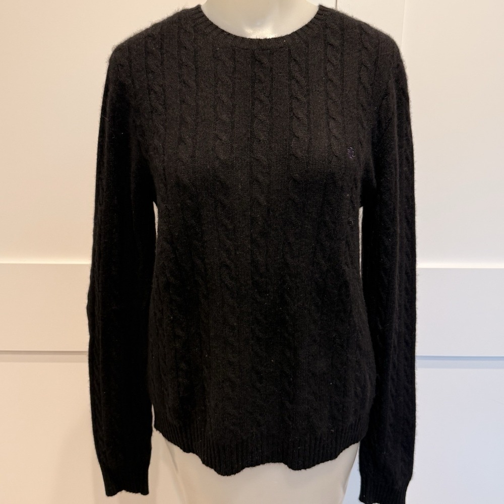 VTG Lauren Ralph Lauren 100% Cashmere Sweater L Gray Black Knit Preppy Luxury